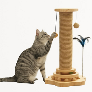 마이굿즈 튼튼한 논슬립 고양이 원목 장난감 스크래쳐 수직 대형 기둥 공 캣닢볼 깃털 세트, 1개, 우드