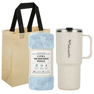 커피가루 우디 핸들 텀블러 + 타올 선물세트(30개 이상 주문), 아이보리, 색상랜덤