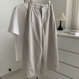 ROYALBELLE 여성 빈티지 와이드핏 하이웨스트 밴딩 팬츠 카고 스트레이트 9부 바지 E0042705