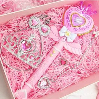 【臺灣-出貨】公主魔法棒兒童女孩玩具小僊女棒皇冠公主變身器髮光音樂生日禮物 DNA1, 1個, 粉投影愛心魔棒+首飾裝,充電版（6充電電池+充電器）送髮夾