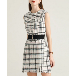 MAJE 마쥬화이트체크슬리브리스트위드원피스(55사이즈)
