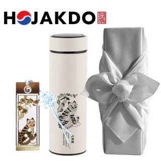 한국전통 까치와 호랑이 호작도 작호도 텀블러 데일리 500ml 책갈피 북마크 보자기 선물포장, 1개, 블랙(책갈피 북마크 1P 포함) 보자기 선물포장