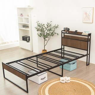 ONESOWON철제 메쉬 싱글 침대 프레임100x200 원룸 헤드형 수납 침대 매트리스 깔판, 월넛블랙