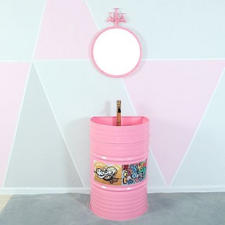 Shark家具 工業風油桶洗臉盆 個性KTV酒吧洗手台 落地立柱盆, 粉紅色帶鏡子（送水龍頭 下水）, 1個