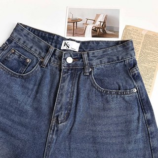 高腰拼接寬鬆英文布標闊腿牛仔長褲 大口袋 牛仔褲女 寬褲 直筒牛仔褲