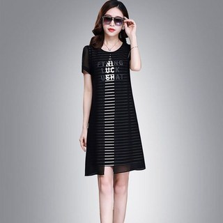 VVRR 여성 라운드넥 레터링 프린팅 반팔 스트라이프 시스루 쉬폰 원피스 중장 데일리룩 코디룩 A0051304