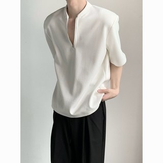 半拉鍊亨利領墊肩短袖T恤男夏季薄款潮牌痞帥高級感美式POLO衫