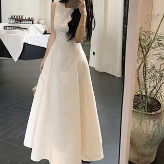 白色無袖收腰顯瘦長裙 - 法式氣質連衣裙, 白色,XL
