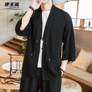 現貨特價 中國風七分袖開衫 黑色棉麻對襟盤扣外套 復古漢服襯衫 大口袋休閒上衣