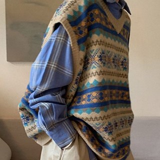 中性針織毛衣馬甲 韓版復古寬鬆V領背心坎肩