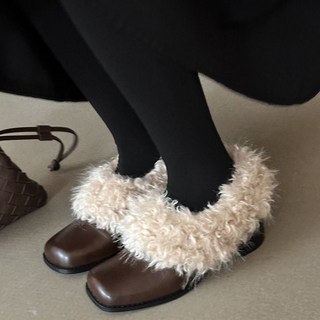 Skyciky 여성 겨울 레트로 하이힐 퍼슈즈 기모 안감 따뜻한 라운드스퀘어토 슬립온 굽있는 패션 로퍼 JJ2274