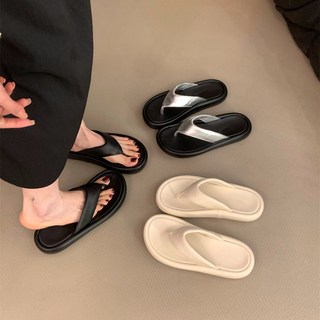 人字拖鞋 厚底軟底夾腳涼拖鞋 女款外穿沙灘涼鞋, 米白色,36