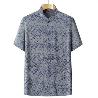 大碼爸爸唐裝 唐裝男中老年短袖套裝 絲綢緞面太極服休閒套裝 民國風老人裝 中老年唐裝 中年男士漢服, 灰藍 單上衣,42/185    適合160-180斤