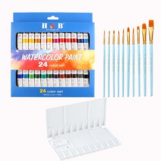 HB 문화사 전문가용 24색 대용량 수채화 12ml 물감 + 다용도 붓10종 + 팔레트 세트 35종구성, 1세트