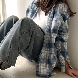 네모엔룩 여성용 캠퍼스체크 루즈핏 레이어드 아우터 피치기모 긴소매 체크 셔츠 남방