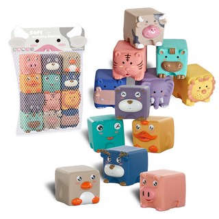 토이토 실리콘 애니멀 스태킹 블럭 동물 블록 장난감, 12개입 세트