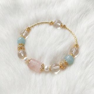 海藍寶粉晶珍珠白水晶串珠手鍊 時尚優雅女性手環 手圍14