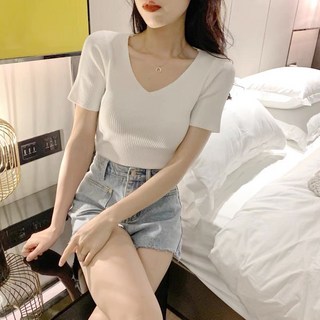 韓版V領針織短袖上衣 夏季修身短版素T 顯瘦彈力短袖
