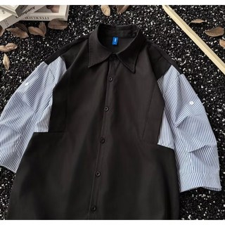 抗皺免燙情侶款落肩拼色袖City Boy短袖襯衫，寬鬆休閒五分袖日系工裝襯衫