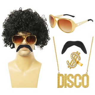 70S 디스코 파티 코스튬 5종 세트 (아프로 가발+선글라스+콧수염+반지+목걸이), 1세트