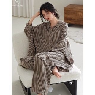 ANYOU 여상 스트라이프 파자마 긴팔 홈웨어 잠옷 상하세트 순면 여성잠옷