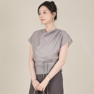 애비뉴투지 엄마옷 쉬어 시스루 텐셀 카울넥 숄더주름 여성 여름 반팔 허리끈 블라우스 B08511