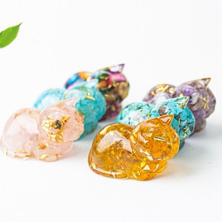 天然水晶碎石滴膠臥姿小貓咪擺件，可愛桌面裝飾，辦公室客廳療癒小物, 綠松石,43x26x28mm 25g