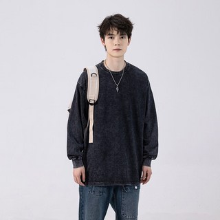 2026春季新款長袖T恤 - 吸汗透氣 寬鬆舒適 百搭休閒港風男女同款, 黑色
