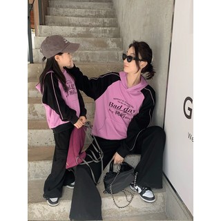 親子裝撞色帽T - 時尚母女裝家庭裝上衣