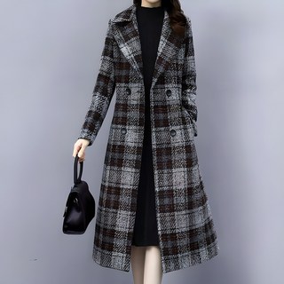 POPLARNC 女性用卡斯坎長款格紋毛呢大衣