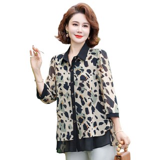 ROYALBELLE 여성 빅사이즈 프린트 카라넥 벳살커버 캐주얼 배색 블라우스 상의 엄마옷 V61114