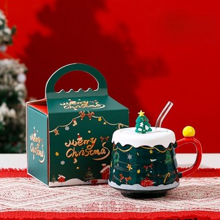 BLOWFISHFUGU 큐티 크리스마스 도자기 컵 크리스마스머그 빨대 도자기 물컵 460ML, 1개, 녹색