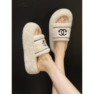 秋冬少女風厚底5公分增高一字毛毛拖，時尚外穿網紅居家平底棉拖鞋，舒適保暖增高顯瘦