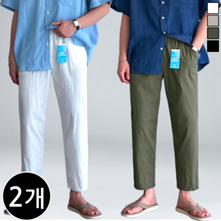 [1+1] 남녀공용 여름 린넨 스판 밴딩 세미 와이드 팬츠 슬랙스 빅사이즈