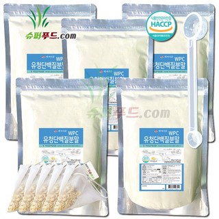 HACCP 식약처인증 유청 단백질 농축 분말100% 완전단백질 아미노산 스코어 높은단백질 프로틴파우더 유청단백질분말 100% 식약청인증 +슈퍼푸드.com 연자육티백 프로틴, 500g, 5세트
