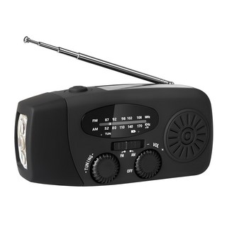 SUKI 태양열 휴대용 소형 핸드크랭크라디오 스피커 자가발전손전등 LED 랜턴 보조베터리, 블랙