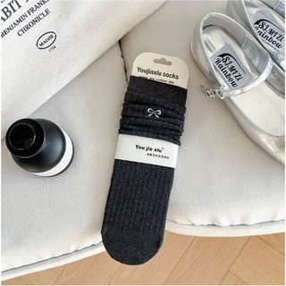 AHUA 純色蝴蝶結刺繡薄感中筒襪 韓系百搭純棉襪 少女襪推薦