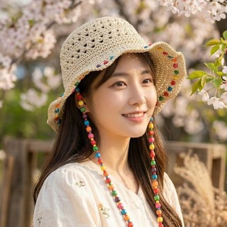 티앤비 봄 여름 라피아 비즈 밀짚 버킷햇