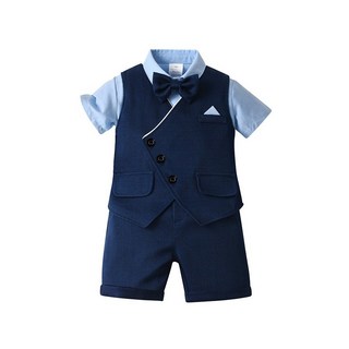 臺灣熱銷 男童西裝夏款英倫紳士馬甲兒童套裝寶寶週歲禮服短袖短褲男童夏裝