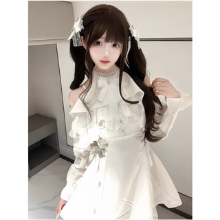 法式露肩掛脖收腰白色連衣裙 秋季新款小衆設計短裙, 白色連衣裙,S