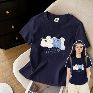 正肩藏青色短袖T恤女2025夏季新款慵懶風修身百搭顯瘦上衣女學生