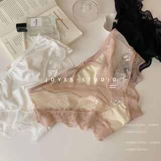 緞面蕾絲內褲女 純欲鏤空透氣純棉襠三角內褲, 膚拼粉,均碼 40-65kg