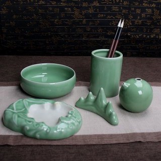 巨匠工廠青瓷陶瓷高檔文房四寶水滴筆筒筆洗筆架硯臺套裝5件套, 文房大硯臺5件套弟窯梅子青, 1個
