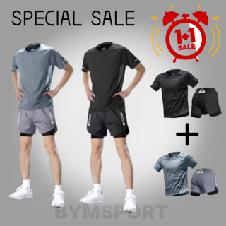 BYMSPORT 남자 런닝복 스포츠웨어 상하 운동복 세트 ( 반팔+투인원 반바지) 1+1