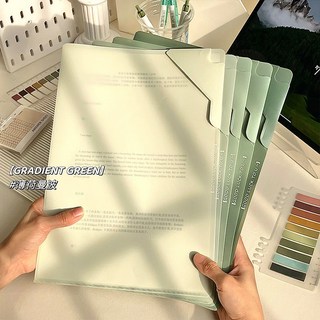優選好物 L型文件夾 新款帶鎖扣高顔值 大容量資料冊 學生試捲收納夾 辦公文件整理冊 可放A4紙 防滑防掉設計, 1個, 漸變綠[1套/5個裝]