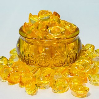 招財進寶聚寶盆 琉璃擺件 附贈40顆元寶, 琥珀色