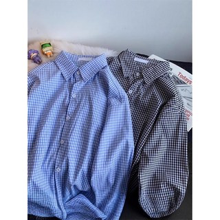 黑白格子長袖襯衫 男士 日系 寬鬆 潮流 上衣