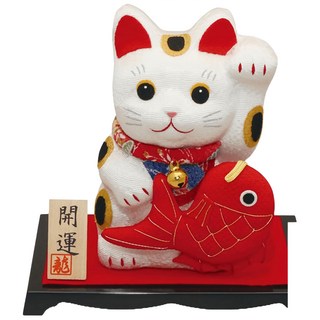 龍虎作 開運招福招財貓與目出鯛 絹織 日本製 14cm 開運招財擺飾, 白色, 紅色和黑色
