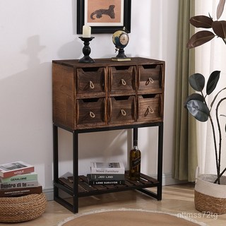 跨境簡約風收納櫃複古鐵藝實木儲物置物架彩繪玄關櫃小戶型電視櫃, 2抽烤色（46*35*77）,單價