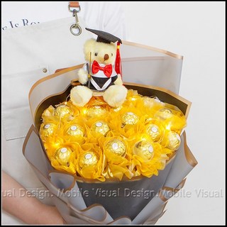 畢業花束 畢業熊 豪華版金莎18顆花束(附燈串．低調金) 畢業禮物 泰迪熊花束, 1個, 黃色